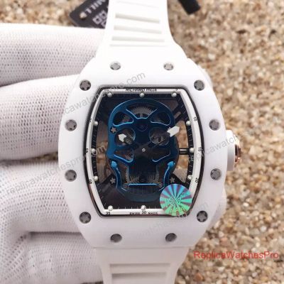 Copy Richard Mille RM 052 Rose Gold White Ceramic Blue Skull Black Rubber Watches